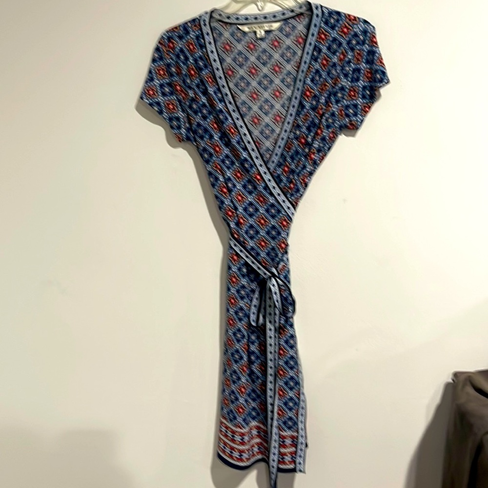 Blue printed wrap dress.